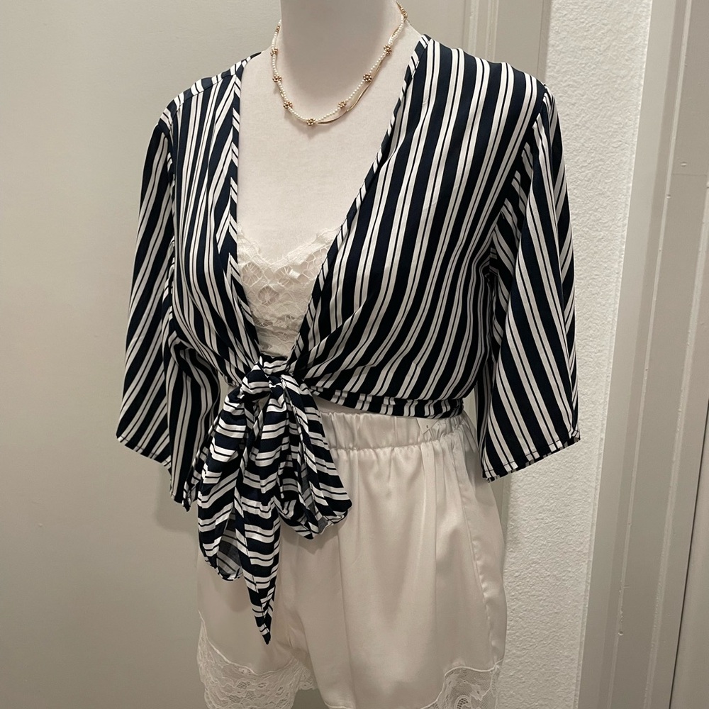 Cotton On Navy & White Vertical Striped Cropped Wrap Top Blouse - XS